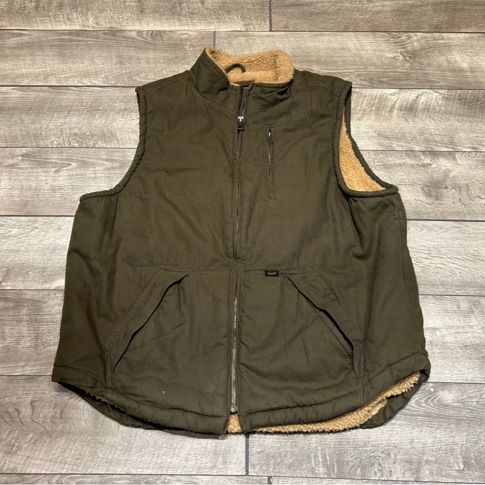 Lee Sherpa Faux Lined Men’s Brown Green Backpacking Hiking Vest Jacket Size XL